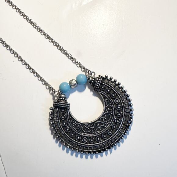 ZAD Silvertone & Turquiose Bead Statement Necklace Long Pendant Boho Bohemian - Picture 9 of 9